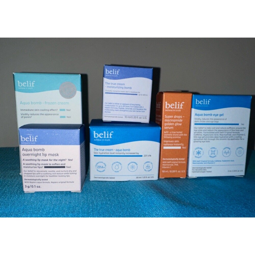 Belif Aqua Bomb Lot Of 6- True Cream, Lip Mask, Eye Gel, Super Drops